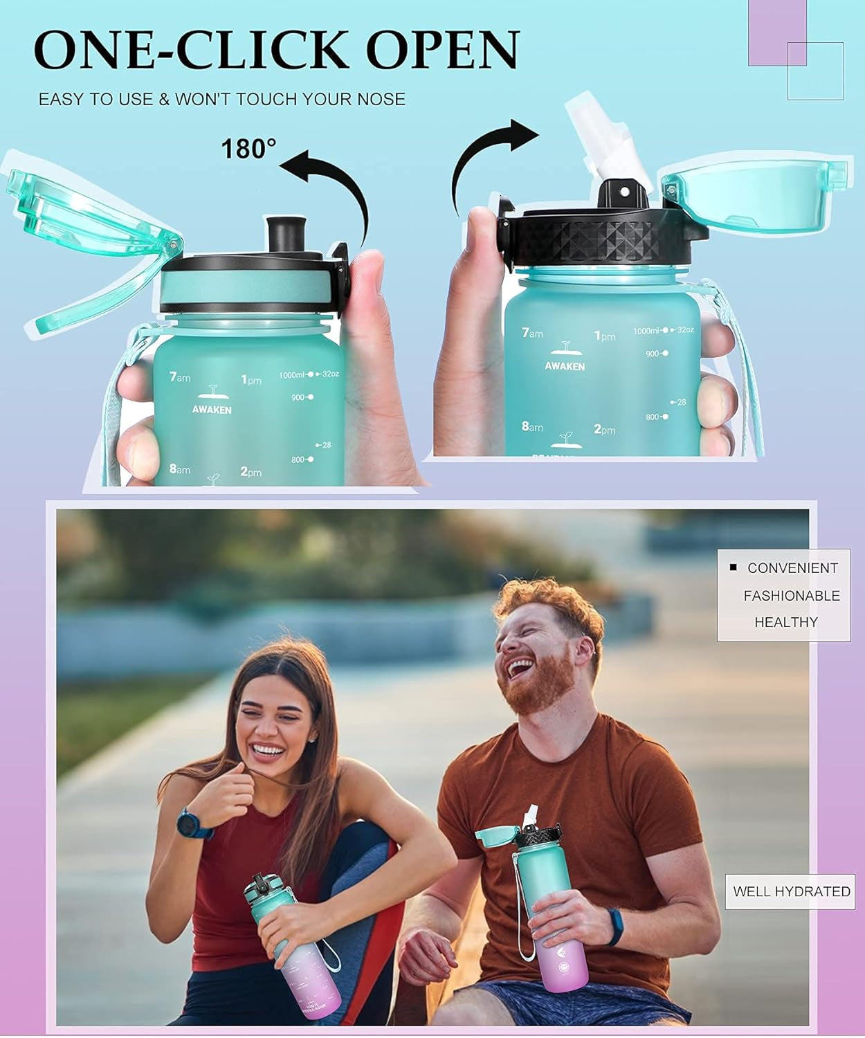 Water Bottle with Time Marker 32 Oz, Motivational Water Bottle with Straw,Two Lids(Chug Lid/Straw Lid),Fruit Strainer-Leakproof Tritan BPA Free Sports Water Bottle for Fitness 1000Ml(Green-Purple)