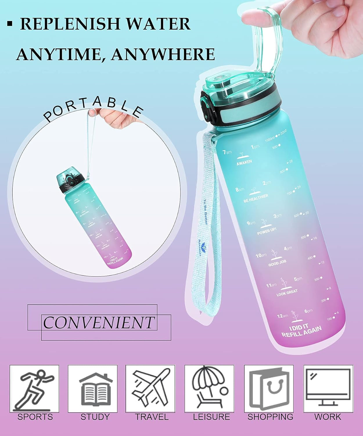 Water Bottle with Time Marker 32 Oz, Motivational Water Bottle with Straw,Two Lids(Chug Lid/Straw Lid),Fruit Strainer-Leakproof Tritan BPA Free Sports Water Bottle for Fitness 1000Ml(Green-Purple)