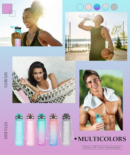 Water Bottle with Time Marker 32 Oz, Motivational Water Bottle with Straw,Two Lids(Chug Lid/Straw Lid),Fruit Strainer-Leakproof Tritan BPA Free Sports Water Bottle for Fitness 1000Ml(Green-Purple)