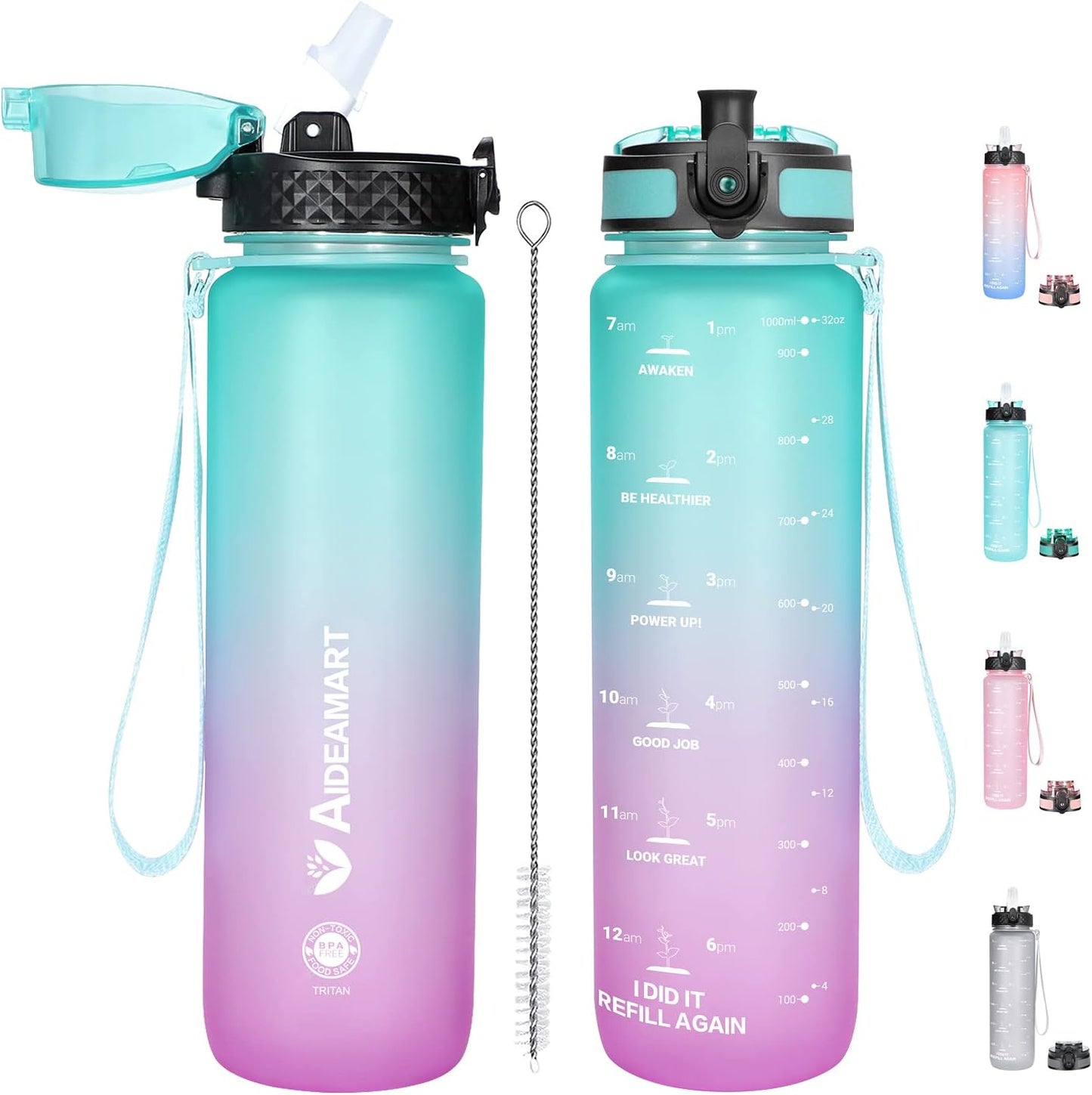 Water Bottle with Time Marker 32 Oz, Motivational Water Bottle with Straw,Two Lids(Chug Lid/Straw Lid),Fruit Strainer-Leakproof Tritan BPA Free Sports Water Bottle for Fitness 1000Ml(Green-Purple)