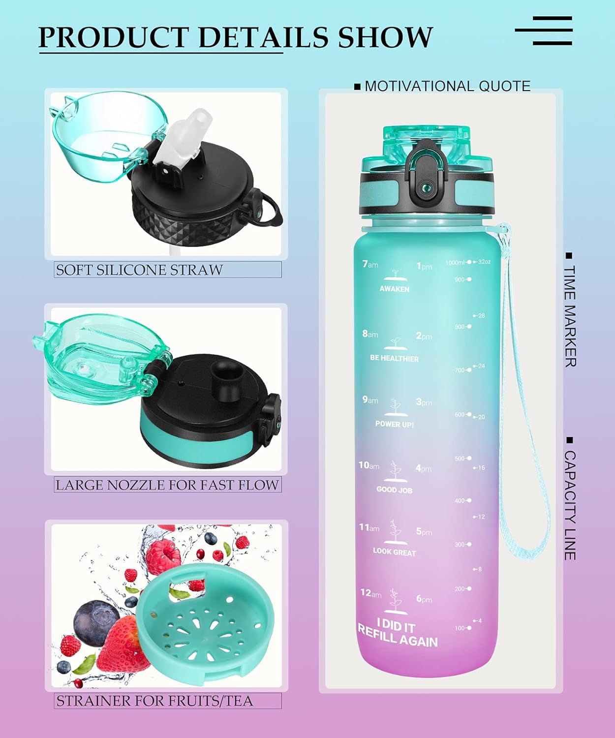Water Bottle with Time Marker 32 Oz, Motivational Water Bottle with Straw,Two Lids(Chug Lid/Straw Lid),Fruit Strainer-Leakproof Tritan BPA Free Sports Water Bottle for Fitness 1000Ml(Green-Purple)