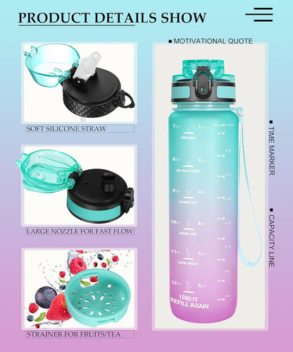 Water Bottle with Time Marker 32 Oz, Motivational Water Bottle with Straw,Two Lids(Chug Lid/Straw Lid),Fruit Strainer-Leakproof Tritan BPA Free Sports Water Bottle for Fitness 1000Ml(Green-Purple)