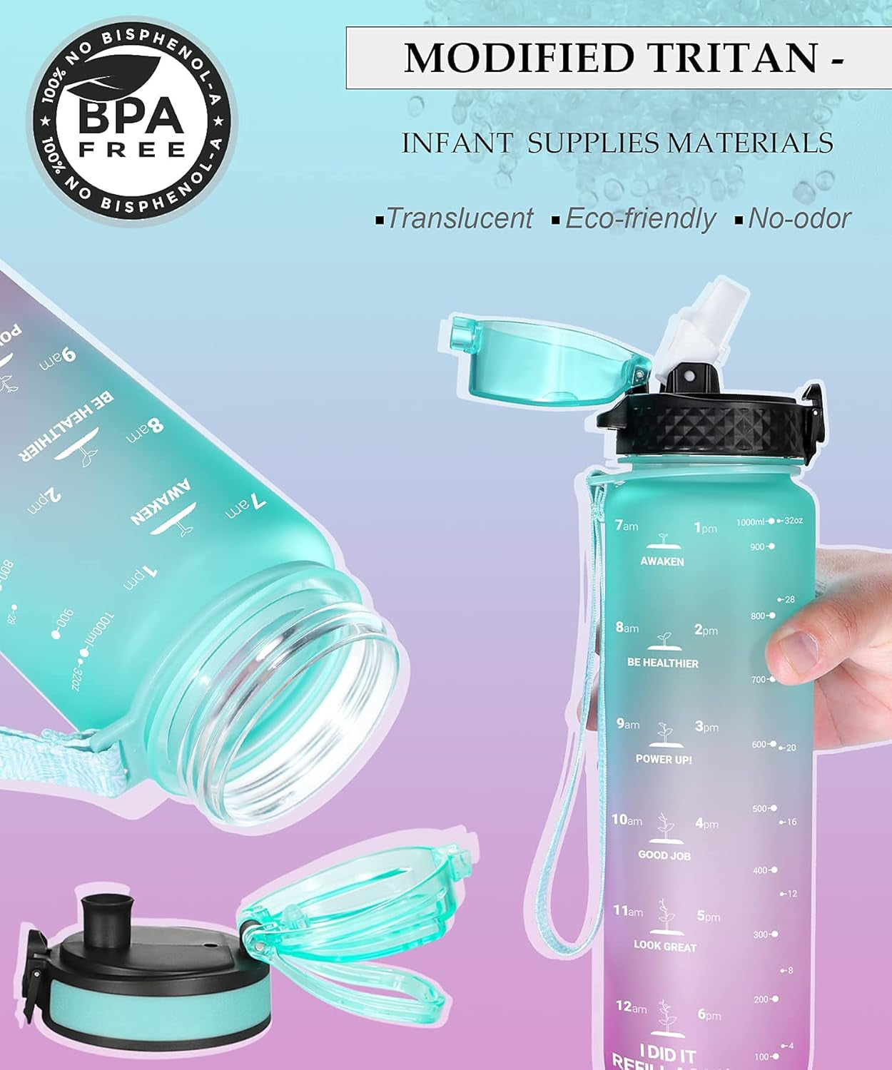 Water Bottle with Time Marker 32 Oz, Motivational Water Bottle with Straw,Two Lids(Chug Lid/Straw Lid),Fruit Strainer-Leakproof Tritan BPA Free Sports Water Bottle for Fitness 1000Ml(Green-Purple)